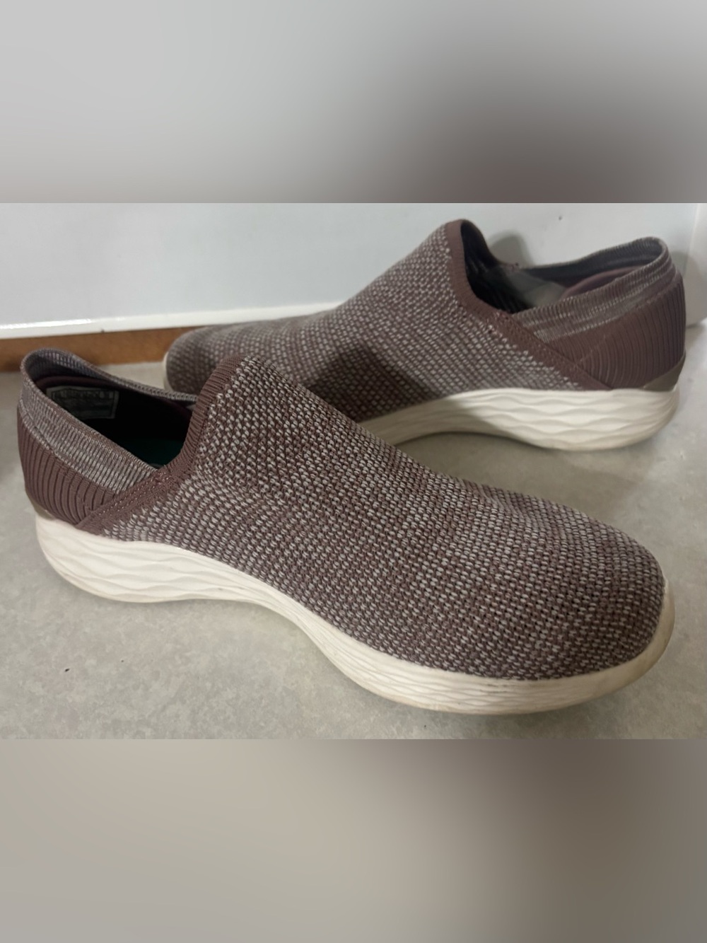Skechers Slip-On You Series Knit Loafers in Taupe Brown with White Sole
